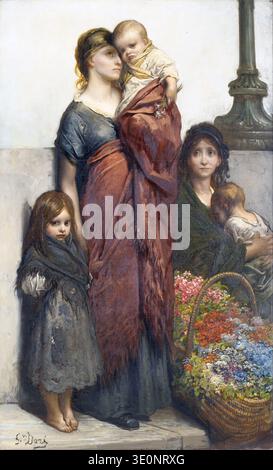 Dieses ergreifende Ölgemälde mit dem Titel „Flower Sellers of London“ von Gustave Doré aus dem späten 19. Jahrhundert (um die 1870er Jahre) zeigt zwei Frauen und drei Kinder in zerrissener Kleidung, wahrscheinlich aus der Arbeiterklasse, mit einem Korb voller lebendiger Blumen zu ihren Füßen. Das Kunstwerk fängt ein Gefühl ihres Kampfes und ihres täglichen Lebens ein und hebt Themen wie Armut und urbane Existenz hervor. Stockfoto