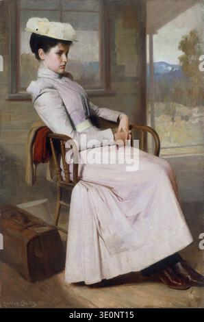 Dieses Gemälde mit dem Titel „Waiting“ von Gordon Coutts zeigt eine junge Frau, die in einem Sessel sitzt und nachdenklich wirkt oder geduldig auf die Ankunft eines anderen wartet. Das um 1895 entstandene Kunstwerk fängt einen ruhigen Moment mit einer eleganten, klassisch gekleideten Figur ein, die an Porträts aus dem späten 19. Jahrhundert erinnert. Stockfoto