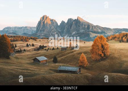 Blick auf rustikale Holzhütten, eingebettet in sanfte Hügel in Herbsttönen, mit den majestätischen Dolomiten am Horizont, Seiser Alm, Trentin Stockfoto