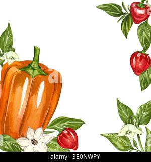 Ein Aquarellrahmen mit Paprika, Gogoshar-Paprika, Blättern und Blumen. Alle handbemalt in Aquarell. Ein organisches Küchendesign-Element Stockfoto
