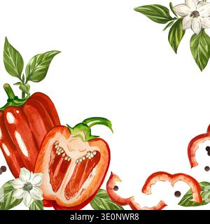 Ein roter Paprika-Rahmen mit Pfefferscheiben, Blättern und Blumen. Alle handbemalt in Aquarell. Ein künstlerisches Design mit organischen Zutaten für Stockfoto