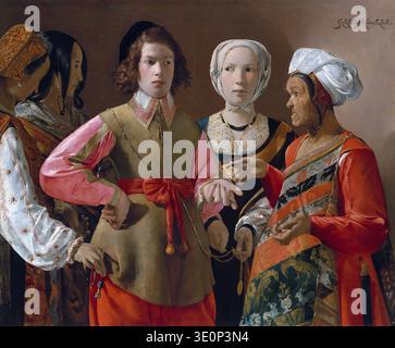 Dieses fesselnde Ölgemälde mit dem Titel „The Fortune Teller“ von Georges de La Tour, das um die 1630er Jahre entstand, zeigt eine junge Zigeunerin, die die Palme eines naiven jungen Mannes liest, während andere heimlich seine Taschen aussuchen. Das Kunstwerk zeigt La Tours Beherrschung des Hellsichts- und Barockrealismus und konzentriert sich auf das Zusammenspiel von Betrug und Unschuld innerhalb der belebten Szene des Pariser oder italienischen Straßenlebens. Stockfoto