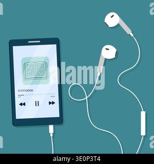 Hörbuch auf dem Bildschirm des Mobiltelefons mit Headset. Hören Sie Literatur, E-Books im Audioformat. Vektor-Illustration in flachem Cartoon-Stil. Stock Vektor