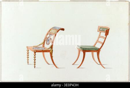 Dieses Aquarell aus dem 18. Jahrhundert von Henri Jacob, wahrscheinlich aus den 1790er Jahren, präsentiert zwei elegante Stuhldesigns mit komplizierten Details. Das Kunstwerk zeigt verschiedene Möbelstile, von reich verzierten bis hin zu stromlinienförmigen Formen, die für die Dekorationskunst der Epoche charakteristisch sind. Stockfoto