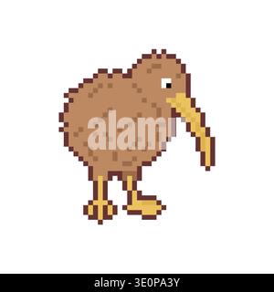 Pixel Art Kiwi Vogel. Retro-8-Bit-Wildtier-Charakter aus Neuseeland für Spiele und Naturkonzepte. Stock Vektor