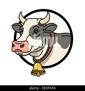 Porträt eines Kuhkopfes in einem runden Rahmen mit Glocke. Professionelles Logo für Milchbetriebe, Bio-Milch und Fleischprodukte. Stock Vektor