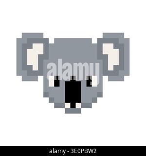 Pixelbildnis eines grauen Koalakopfes. Retro-8-Bit-Wildlife-Symbol im Spielstil für Aufkleber, Avatare und Elemente der Gaming-Benutzeroberfläche. Stock Vektor