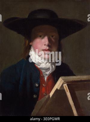 Dieses fesselnde Öl-auf-Leinwand-Porträt, wahrscheinlich aus dem späten 18. Jahrhundert, zeigt George Morland, einen berühmten englischen Maler, von seinem Vater Henry Robert Morland. George wird als junger Mann gezeigt, der einen breitkrempigen Hut und eine weiße Krawatte trägt, was auf eine künstlerische oder kontemplative Stimmung hindeutet. Stockfoto