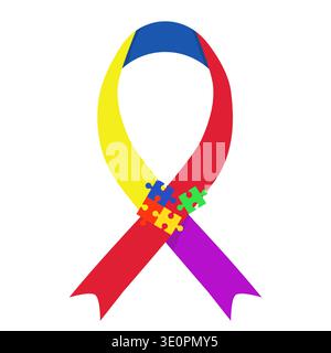 Ein blaues Band mit Puzzleteilen, ein Symbol des Autismus-Bewusstseins. Vektorabbildung. Illustration für den Monat, der dem Bewusstsein der Autismus gewidmet ist Stock Vektor