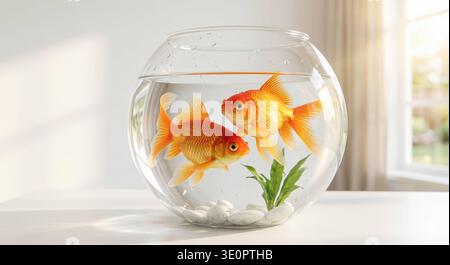 Goldfisch in klarer Glasschale schwimmt auf einem unscharfen hellen Hintergrund des Raumes Stockfoto