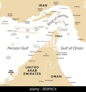 Schifffahrtswege der Straße von Hormuz, politische Karte. Seegang vom Persischen Golf zum Golf von Oman in das offene Meer. Strategisch günstiger Drosselpunkt. Stockfoto