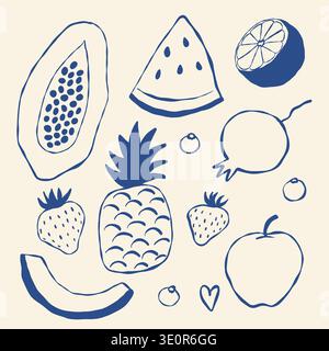 Sketch-Kollektion mit verschiedenen Früchten, die Papaya, Ananas, Wassermelone, Banane, apfel und Beeren in lockerer Kontur auf hellem Hintergrund W Stock Vektor