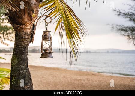 Vintage Metal Laterne auf Palm Tree am Tropical Beach Stockfoto