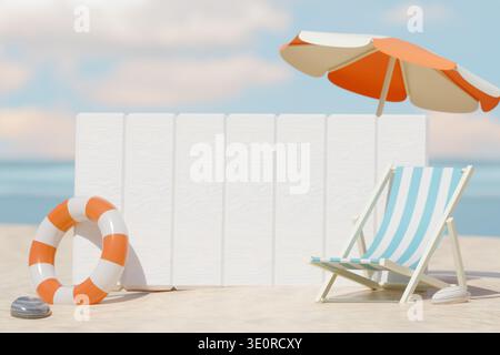 Entspannender Strand mit gestreiftem Liegestuhl, orangefarbenem Sonnenschirm und Rettungsschirm am Sandstrand. 3D-Rendering Stockfoto