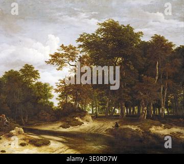 Dieses fesselnde Ölgemälde mit dem Titel „der große Wald“ von Jacob van Ruisdael, das vermutlich von ungefähr 1655 bis 1660 stammt, zeigt eine üppige und dichte Waldszene mit einem unbefestigten Pfad, der sich durch die Bäume schlängelt, und einem kleinen Bach im Vordergrund. Die Arbeit des Meisters des niederländischen Goldenen Zeitalters fängt die Pracht und natürliche Schönheit des Waldes ein, mit zwei kleinen Figuren, die ein Gefühl von Größe und menschlicher Präsenz in der weiten Landschaft verleihen. Stockfoto