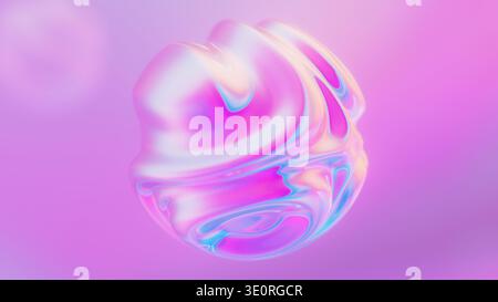 Holographische irisierende wellenförmige Verformungskugel. Farbfluss-Kugel mit Flüssiggradienten und Kräuselung. Neon-Kugel. Stockfoto