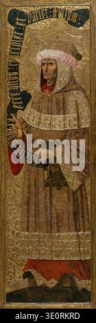 Dieses fesselnde Gemälde von Joan Gascó aus dem 15. Jahrhundert mit dem Titel „Jesaja“ zeigt den Propheten in einem reich gemusterten Gewand und unverwechselbaren Kopfbedeckungen. Die aufwändigen Goldarbeiten und die detaillierten Kleidungsstücke sind charakteristisch für den gotischen Malstil aus dem späten Mittelalter. Stockfoto