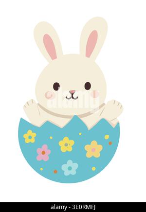 Niedlicher Osterhase in einer Eierschale, verziert mit Blumen Stock Vektor