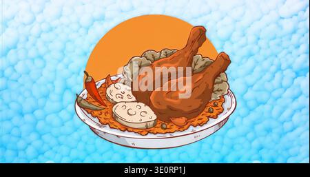 Weiße Platte mit zwei gebratenen Hähnchenschenkeln auf Orangenreis in Studiokunst, Sonnenmotiv Stockfoto