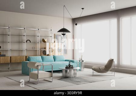 Modernes Wohnzimmer mit türkisfarbenem Sofa, minimalistischer Möblierung und großem leerem Kopierraum für die Wand, helles, modernes Apartment Stockfoto