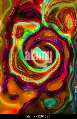 Ein lebendiger abstrakter Stil in fließender Malerei mit fließenden Pinselstrichen und kräftigen Farben. Querformat oder Hochformat. Stockfoto