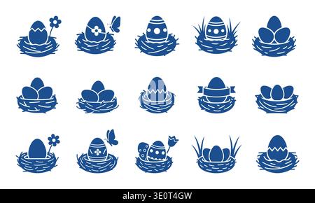 Blaues Ostereier & Nest Vektor-Symbol-Set. Frühlingssilhouetten mit Blumen und Schmetterlingen Stock Vektor
