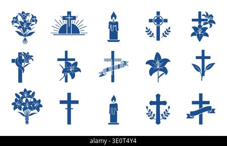 Blaues Christliches Osterkreuz Und Lilienvektorsymbole, Religiöse Feiertagssymbole Und Grafiken Der Kirche Stock Vektor