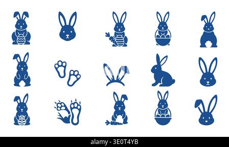 Blauer Osterhase Vektor-Symbol-Set. Rabbit Silhouetten, Paw Prints, Körbe und Eier für Frühlingsmotive Stock Vektor