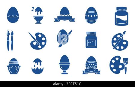 Blaues Osterei Dekorieren Vektor-Symbol Set. Pinsel, Paletten und gemalte Eier Silhouetten für Frühlingsdesigns. Stock Vektor
