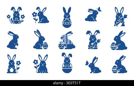 Blauer Osterhase Silhouette Vektor Icon Sammlung, süße Kaninchen mit Ostereiern, Körbe, Karotten und Frühlingsblumen. Stock Vektor