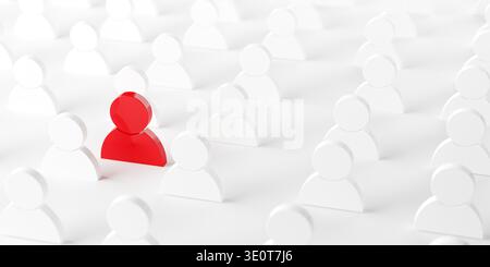 Gruppe von weißen Figuren mit einer roten, die über weißem Hintergrund abhebt, auffallend, Individualität oder Einzigartigkeit Konzept, 3D-Illustration Stockfoto