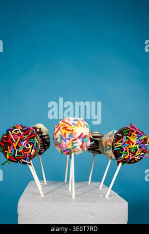 Schokoladen- und Vanillekuchen mit Regenbogenstreuseln Stockfoto