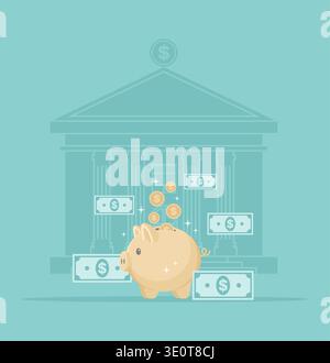 Goldene Schweinebank mit Münzen und Banknoten und einer Silhouette eines Bankgebäudes im Hintergrund. Illustration des flachen Vektors Stock Vektor