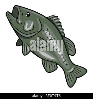 Grüner Bass Fisch Vektor Illustration, offener Mund, isoliert auf weiß Stock Vektor