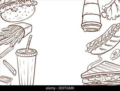 Ein schwarz-weißer Fastfood-Rahmen mit Burger, Sandwich, Hot Dog, Pommes Frites, Kaffee zum Mitnehmen, und Limonade. Gravur handgezeichneter Vektorillustration Stock Vektor