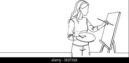 Durchgehende Linienzeichnung der Frau, die Palettenmalerei auf Leinwand mit Pinsel hält, Linie Art Vektor Illustration Stock Vektor