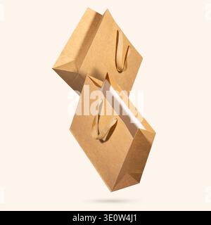 Zwei Kraftpapier-Einkaufstaschen mit Stoffgriffen, die auf hellbeigem Hintergrund schweben. Konzept nachhaltiger Verpackungstrends, umweltbewusster Einzelhandel Stockfoto