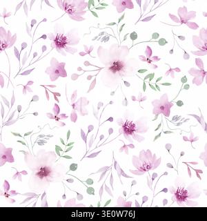 Nahtloses Blumenmuster mit handgemalten zarten Wildblumen und grünen Blättern auf hellem Hintergrund. Stockfoto
