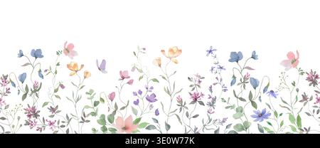 Nahtloses Aquarellmuster mit bunten Wildblumen. Botanischer Hintergrund. Handgemalte Blumenabbildung. Stockfoto