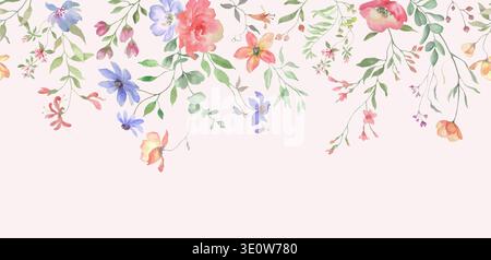 Eamless Aquarellrand mit süßen Blumen, Eukalyptusblättern, Kräutern. Handgezeichnete Blumenabbildung. Für Grußkarten, Einladungen. Stockfoto