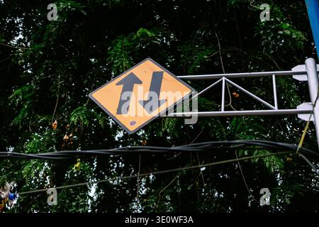 Ein hellgelbes, diamantförmiges Straßenschild mit schwarzen Pfeilen, die nach oben und unten zeigen und den Zweiwege-Verkehr anzeigen, vor einem Hintergrund von üppigem Grün Stockfoto