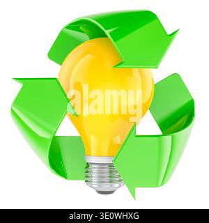 Gelbe Glühlampe in den Recyclingpfeilen. Ideenrecycling, Öko-Innovation und nachhaltiges Denken, Konzept. 3D-Rendering isoliert auf weißem Hintergrund Stockfoto