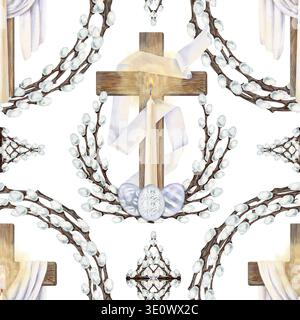 Religiöses nahtloses Ostermuster mit Kreuz umgeben von Weidenzweigen und Ostereiern. Aquarell-Frühlingsdesign o weißer Hintergrund für Kirche Stockfoto
