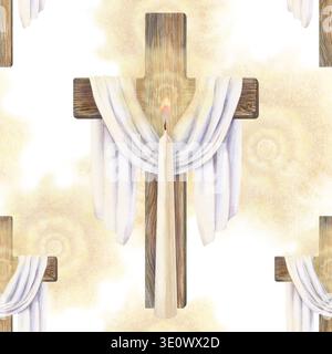 Kristisches nahtloses Muster mit glühender Kerze und Holzkreuz auf weißem Hintergrund. Aquarell Osterdesign für kirchliche Medien, Grußkarten, Buch Stockfoto