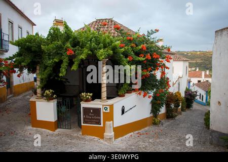 Ein wunderschönes Hotel mit hängenden Pflanzen und Blumen in einem typisch portugiesischen historischen Gebäude innerhalb der Stadtmauern in Obidos, Portugal Stockfoto