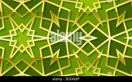 Grüner und goldener islamischer Hintergrund mit geometrischen Sternmustern mit 3D-Arabesken-Formen Stock Vektor