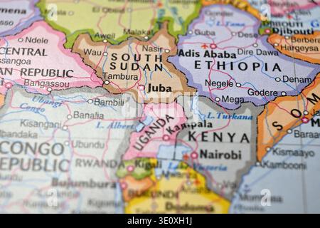 Juba Südsudan auf Weltkarte Nahaufnahme Makrounschärfe Hintergrund Geographisches Bild Stockfoto