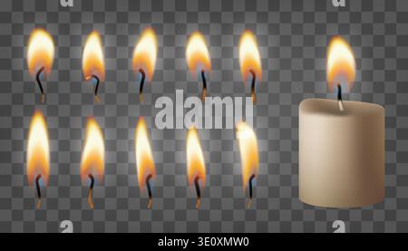 Feuerschutzvektor-Lichteffekt, isoliert auf dunkel transparenten bg. 3D weiße, realistische weihnachtskerze. Glühende Flammen, ein Satz brennender Docht. Brennendes Wachsgedächtnis Stock Vektor