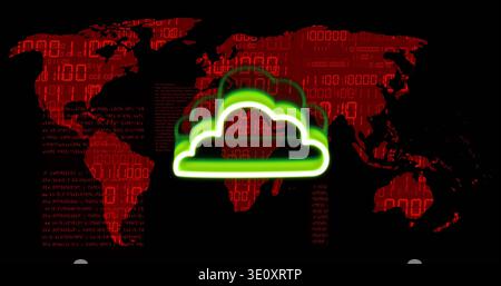 Leuchtendes neongrünes Wolkensymbol im grafischen Hintergrund, mit roter Weltkarte, Binärcode Stockfoto