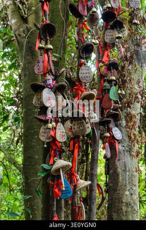Yanoda, Hainan, China - 11. Januar 2020: Die dekorierten Tafeln mit schriftlichen Wünschen, die nach der Tradition in den tropischen Foren wahr werden Stockfoto